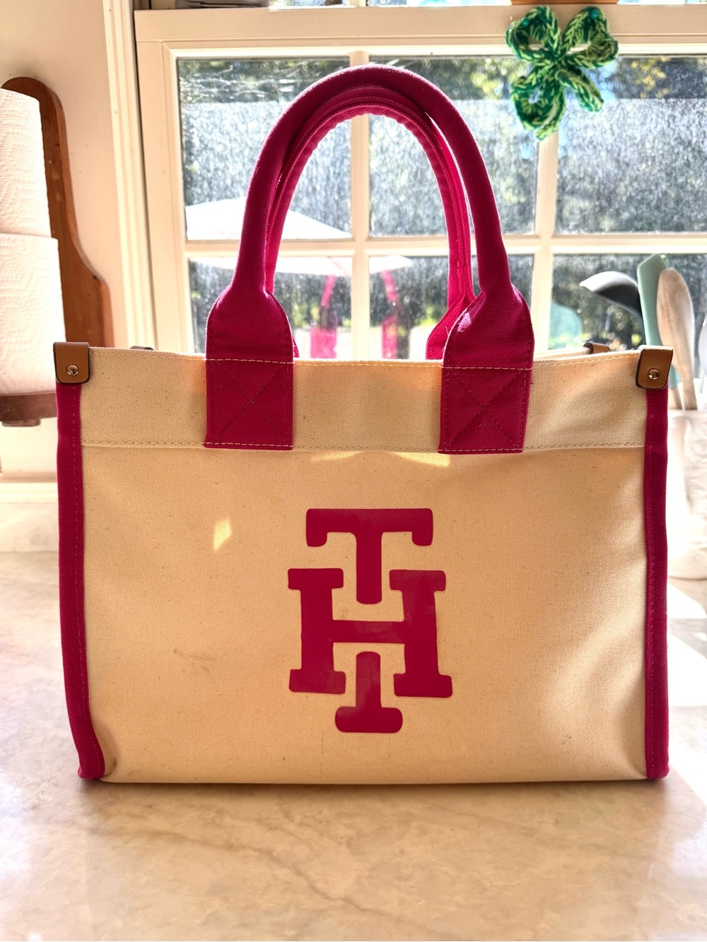 Cream and Pink Canvas Tommy Hilfiger Tote